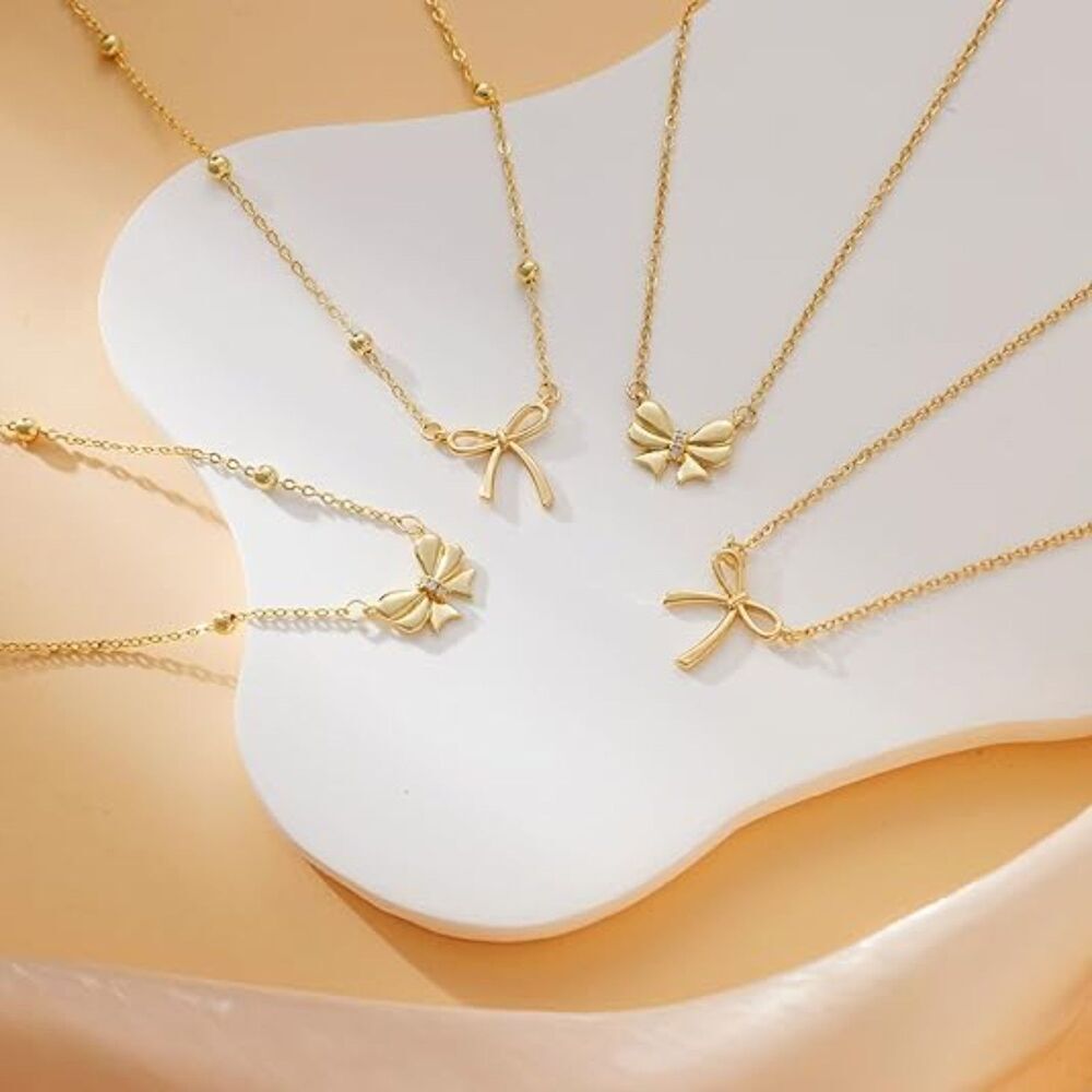 14K Gold Plated Cute Gold-Bead-1 Choker Small Bow Pendant Charm Necklaces - Picture 5 of 6
